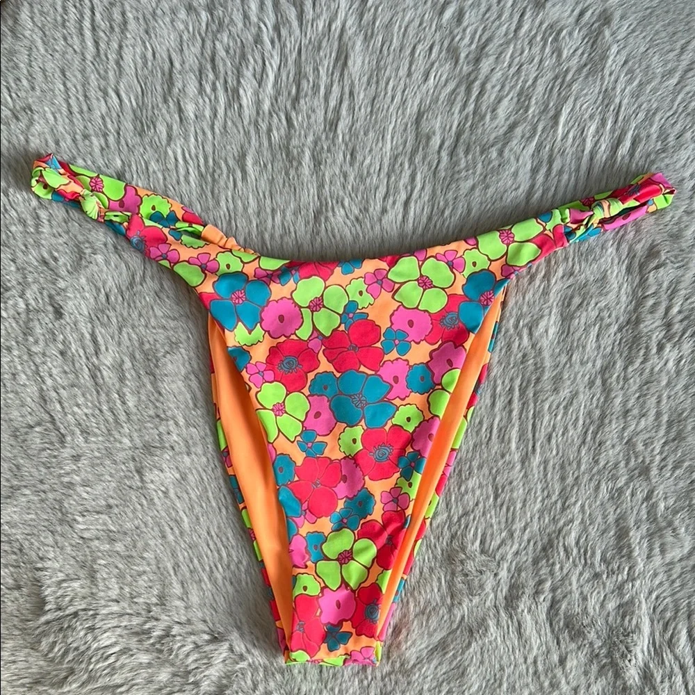 Frankie's Bikinis Neon Floral String Bikini Bottoms - Multicolor